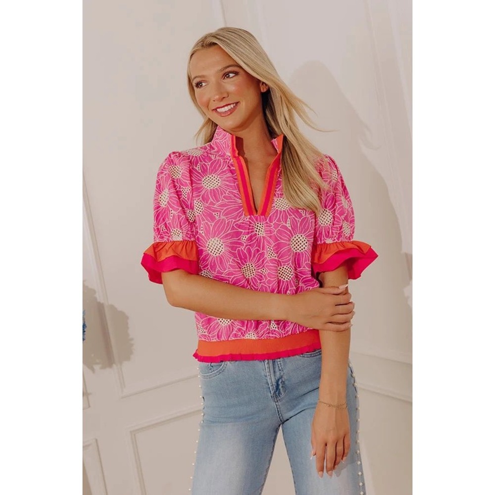 Floral Eyelet Ruffle Sleeve Popover Top L Boho Dopamine Dressing Preppy Coastal